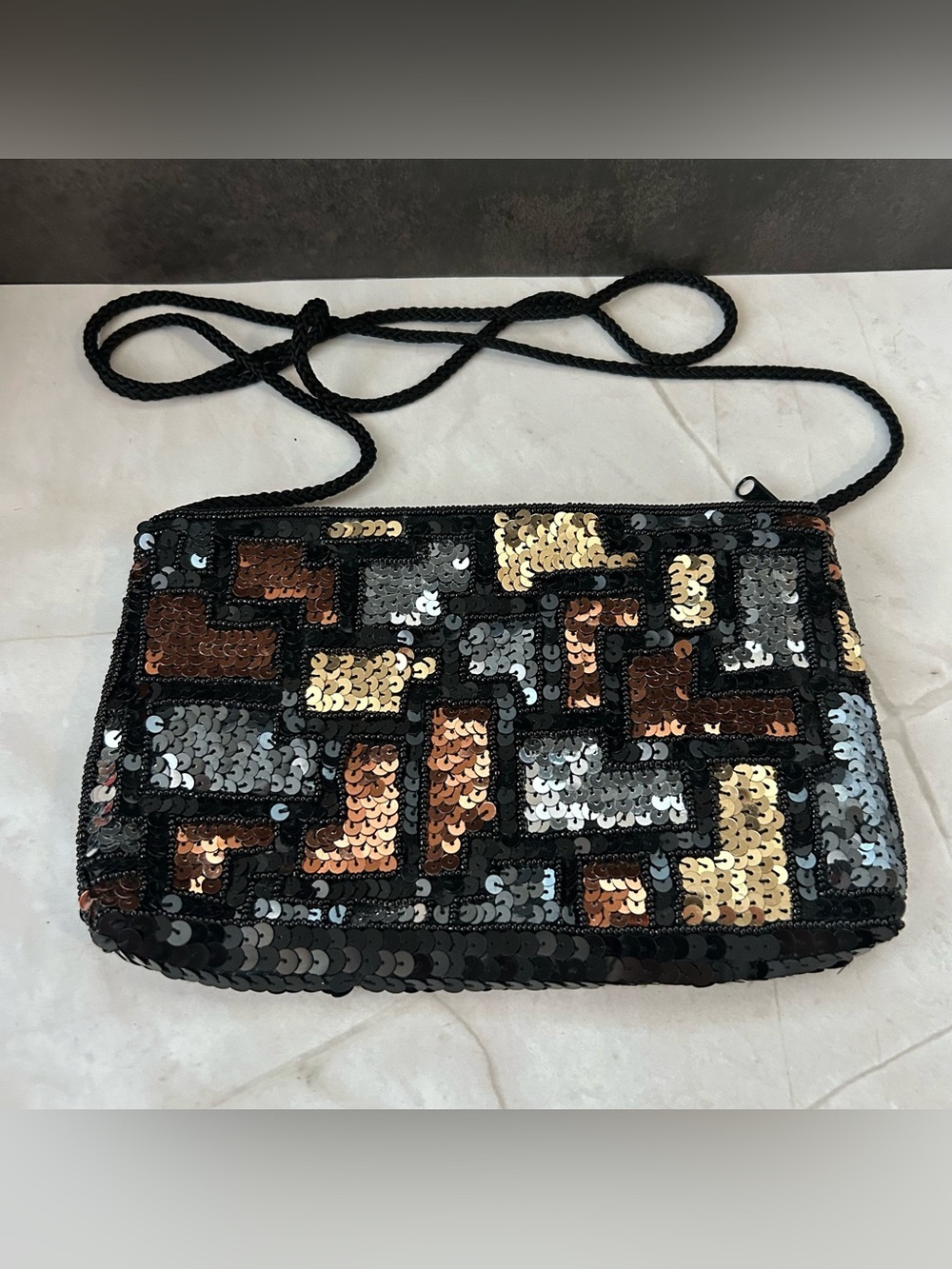 Sequin Mosaic Crossbody Bag in Black, Gold & Bronze